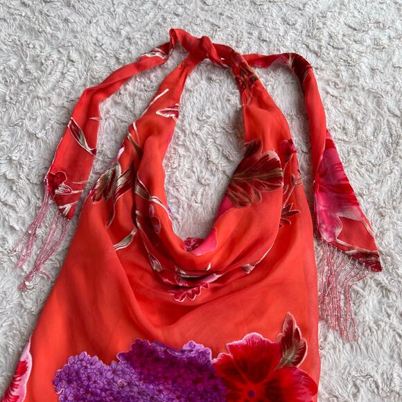 Cache silk floral halter midi dress velvet burnout cowl neck open back orange 2 - Picture 10 of 17